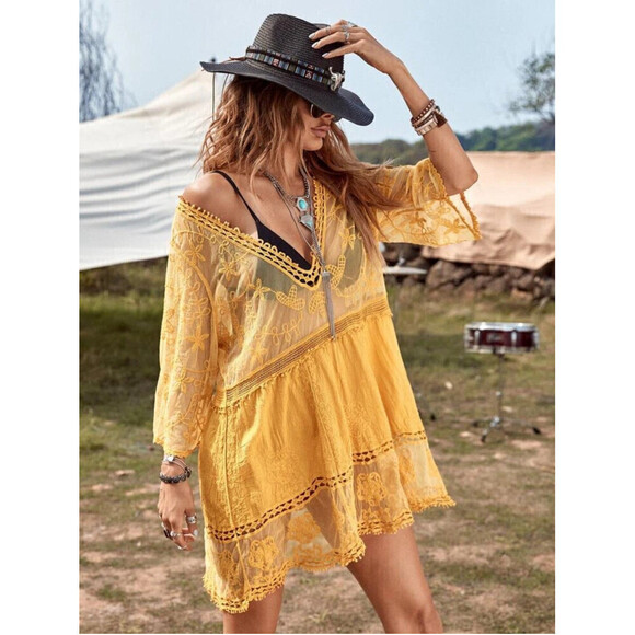Floral Pattern Lace Swimsuit Coverup In Yellow - Picture 3 of 9